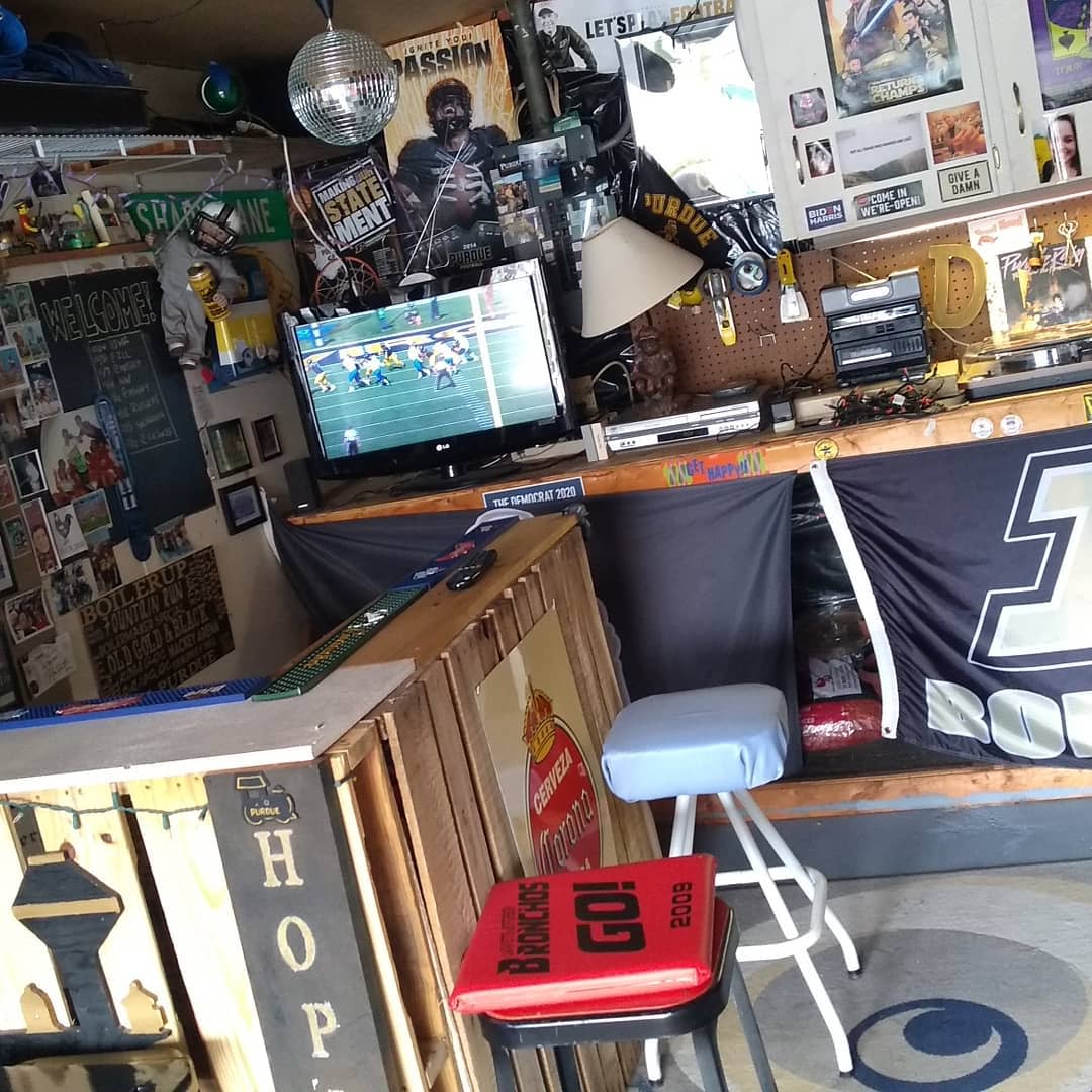 homemade wood bar garage football on tv 